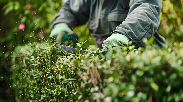 Gardener uses secateurs to trim down hedge